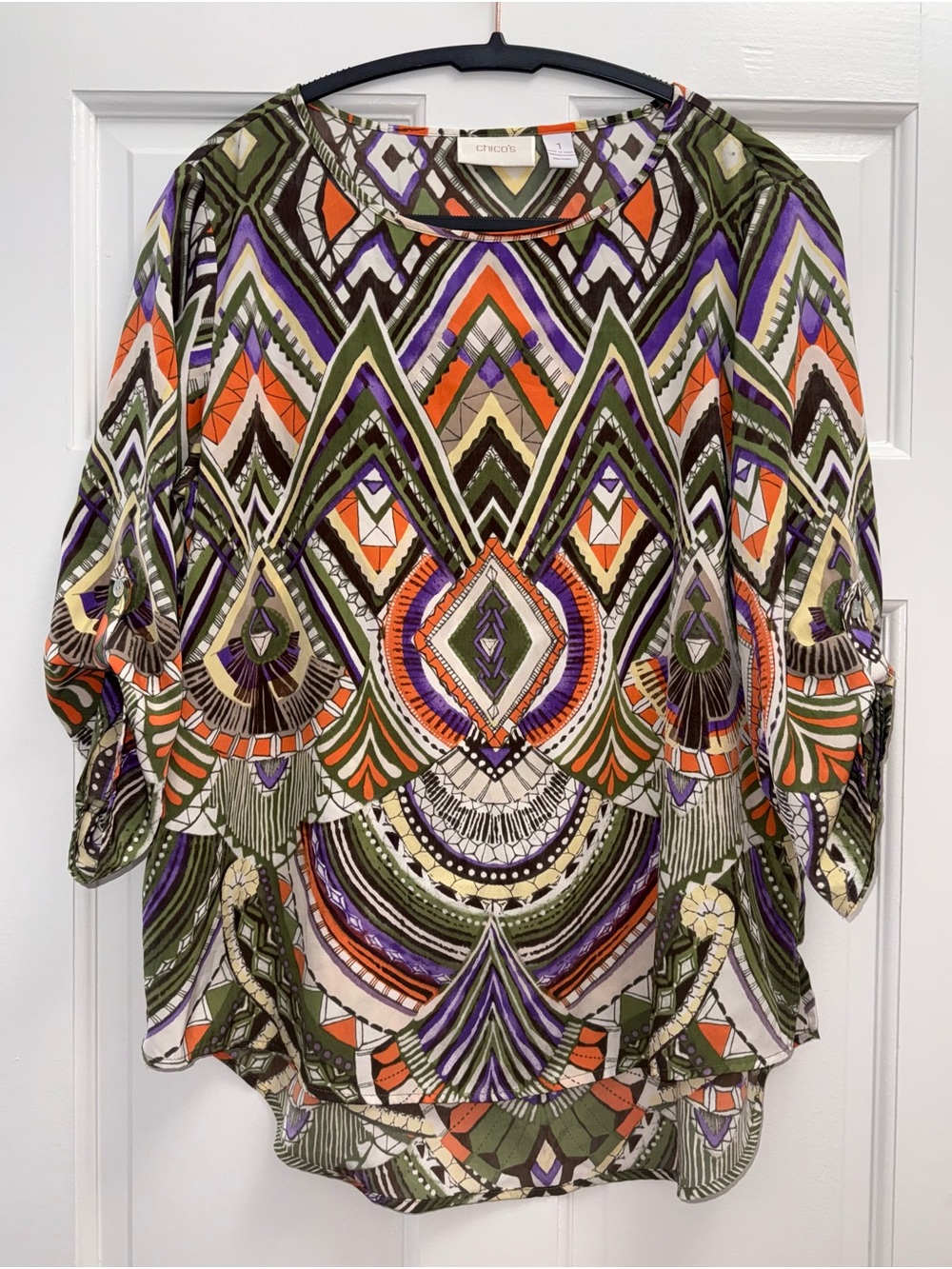Chico's Olive Multi Geometric Print Tunic with Orange & Purple Accents
